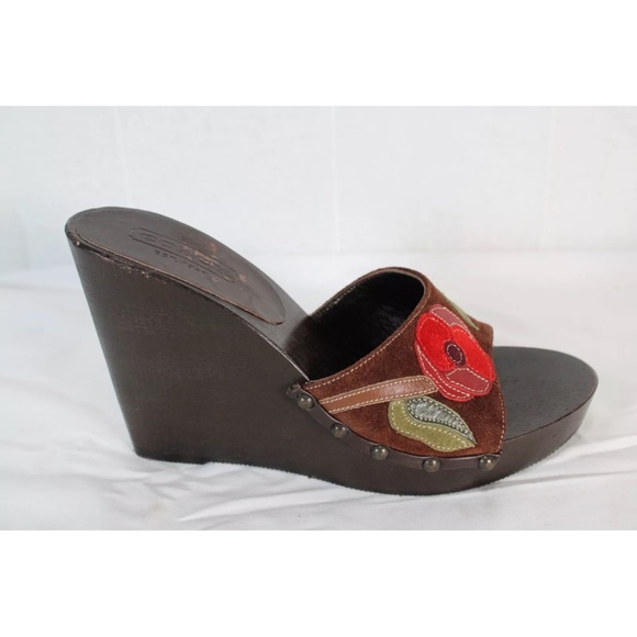 Coach Floral Suede Patchwork Wooden Wedge Sandal Size 6.5 - Picture 9 of 15